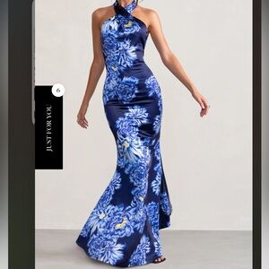 Club L London “unstoppable” - blue floral satin halter formal dress gown